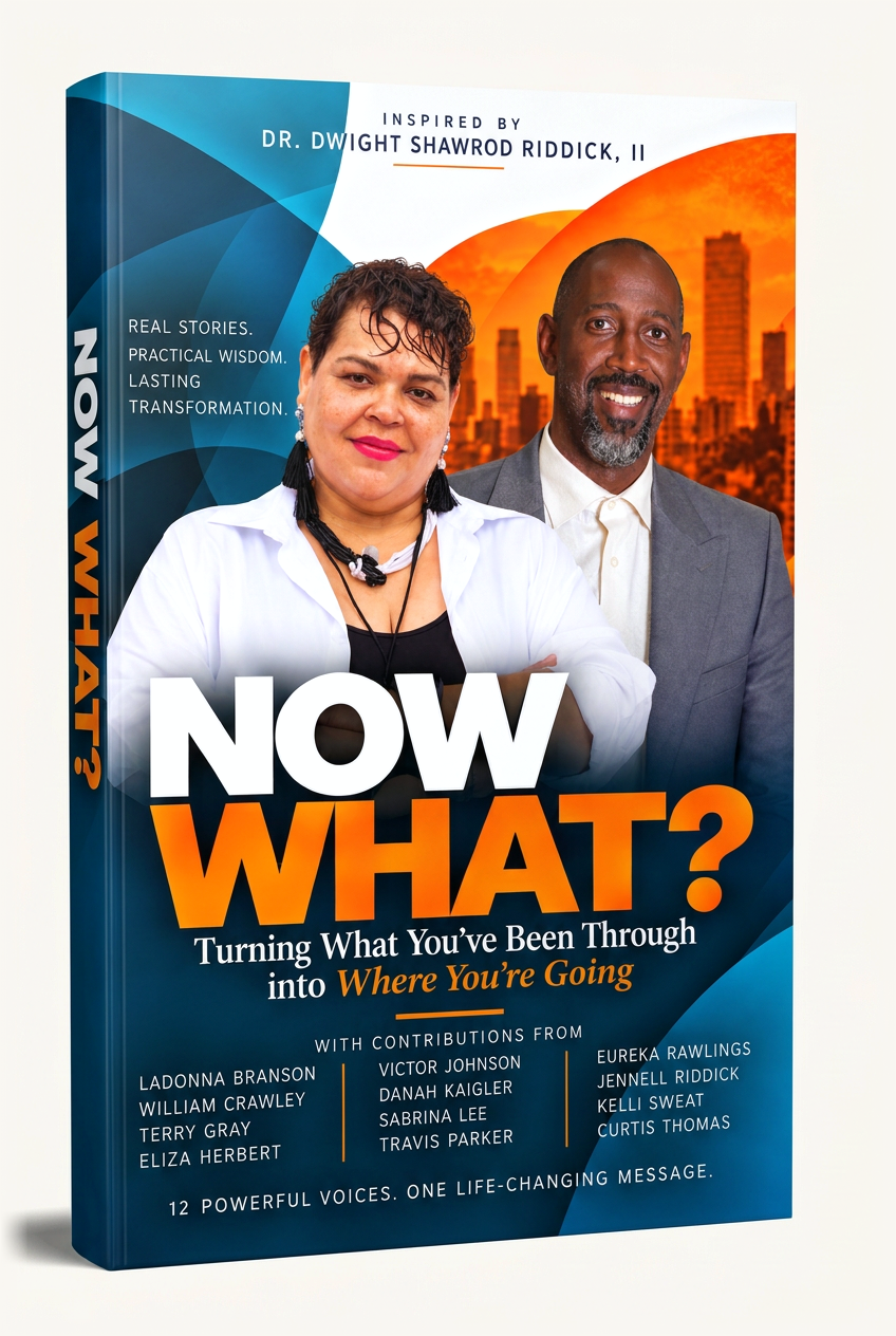 Now What? paperback book standing upright, angled to show the spine